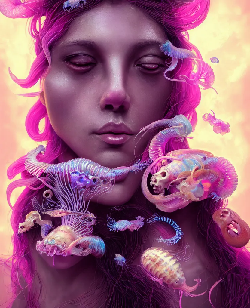 Image similar to goddess close-up portrait of princess face and ram skull. eyes. jellyfish phoenix head, nautilus, orchid, skull, betta fish, bioluminiscent creatures, intricate artwork by Tooth Wu and wlop and beeple. octane render, trending on artstation, greg rutkowski very coherent symmetrical artwork. cinematic, hyper realism, high detail, octane render, 8k