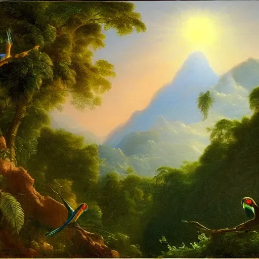 Prompt: gorgeous macaws flying at dawn in the distance through the forest, jungle mountains in the background, sentient bird, highly detailed, heavenly lighting, trending on art station, very detailed birds, painting by thomas cole