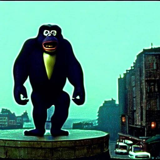 Image similar to mr. bean as king kong. movie still. cinematic lighting.