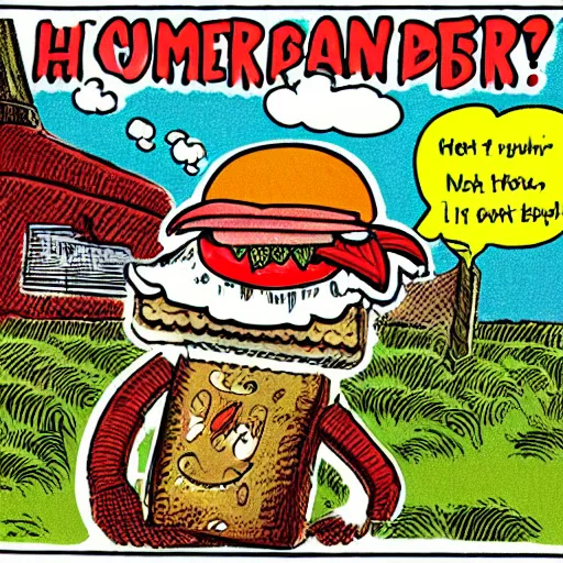 Prompt: comic of a talking hamburger in the countryside, happy, robert crumb, high details, sharp