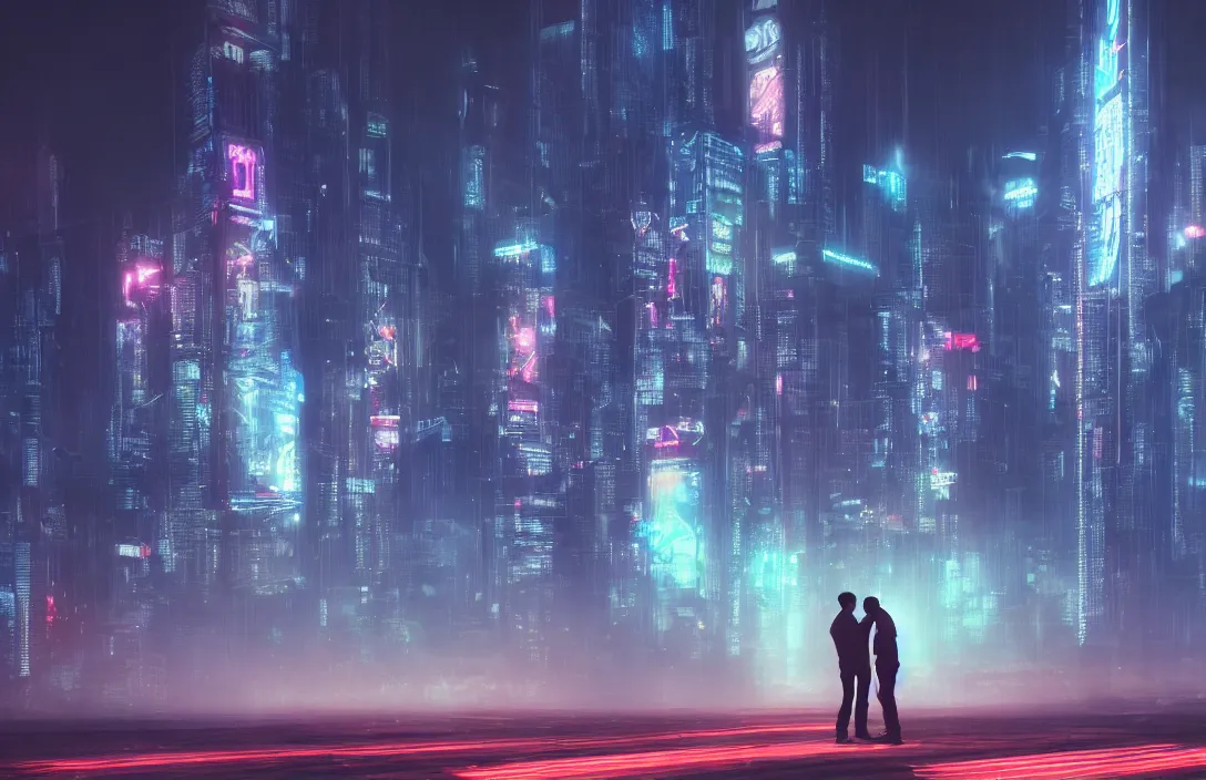 Image similar to men kissing in front of a foggy view of cyberpunk style future city, neon lights, a hyper realistic professional photographic view,very beautiful scenery, very realistic painting effect, hd, hdr, cinematic 4k wallpaper, 8k, ultra detailed, high resolution,