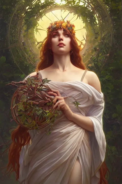 Image similar to goddess of nature, accurate anatomy, only two hands, highly detailed, digital painting, artstation, concept art, smooth, sharp focus, illustration, Unreal Engine 5, 8K, art by artgerm and greg rutkowski and Alphonse Mucha