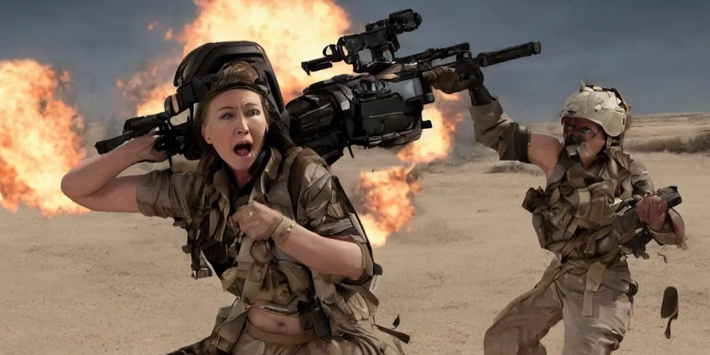 Image similar to movie still of hilary clinton fighting in libya, octane render