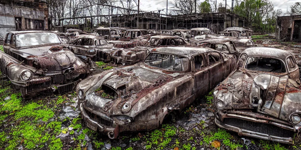 Image similar to an old decayed factory with holes in the roof where rain is leaking and puddles on the floor show reflections of 1 9 0 0's abandoned cars left to rot in an overgrown factory, rusty, moss covered ultra detail, unreal 5