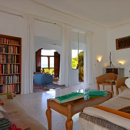 Prompt: expensive villa interior nearby a beach with a lot of books everywhere, really a lot of books, cosy atmosphere, beautiful lighting