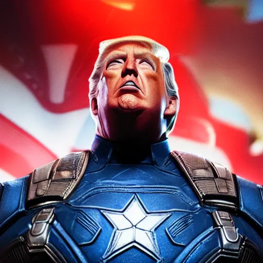 Image similar to Portrait! of President Donald Trump as ((captain america)) in Gears of War, splash art, movie still, cinematic lighting, dramatic, octane render, long lens, shallow depth of field, bokeh, anamorphic lens flare, 8k, hyper detailed, 35mm film grain