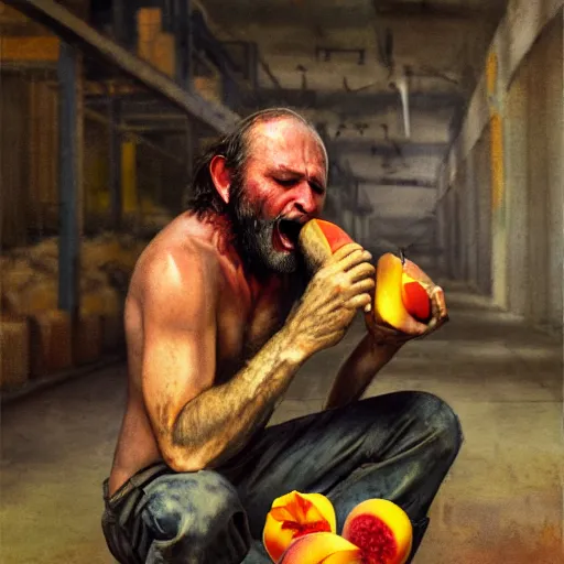 Image similar to feral man eating peaches in a factory, hunched over, mild mild impressionism, factory background, sharp colors, by greg rutkowski and asher duran