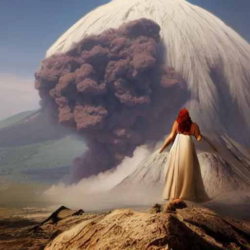 Prompt: a beautiful matte painting of a giant woman using an active volcano as a dress