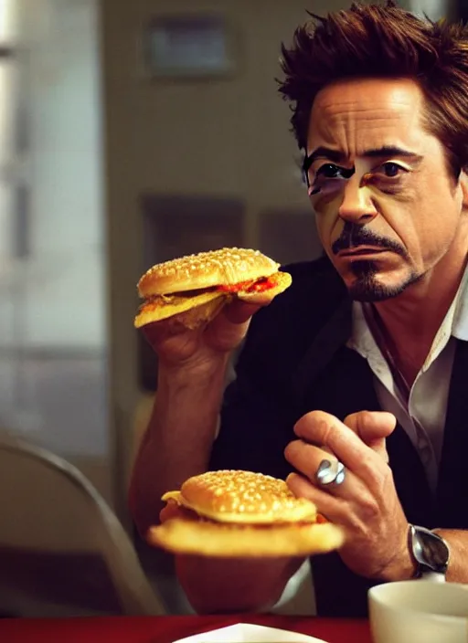 Image similar to a full portrait photo of robert downey jr eating mcdonald in movie iron man, f / 2 2, 3 5 mm, 2 7 0 0 k, lighting, perfect faces, award winning photography.