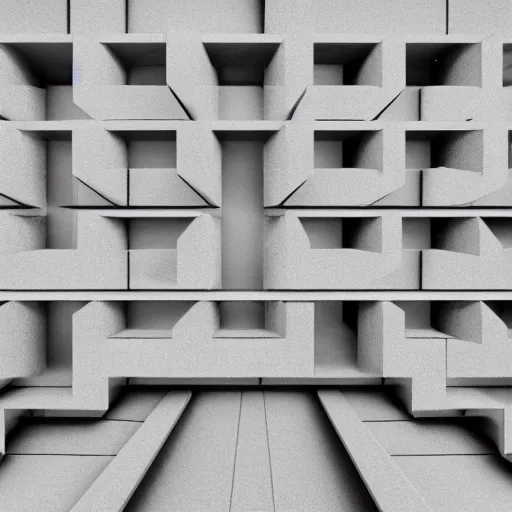 Prompt: symmetry, parallel perspective with center end point, parallax mapping of brutalist shop, minimalist architecture, octane render, high quality