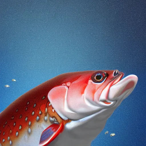 Image similar to 3 d render of a cute trout with a shakespearian collar in an aquarium on a dark blue background, digital art