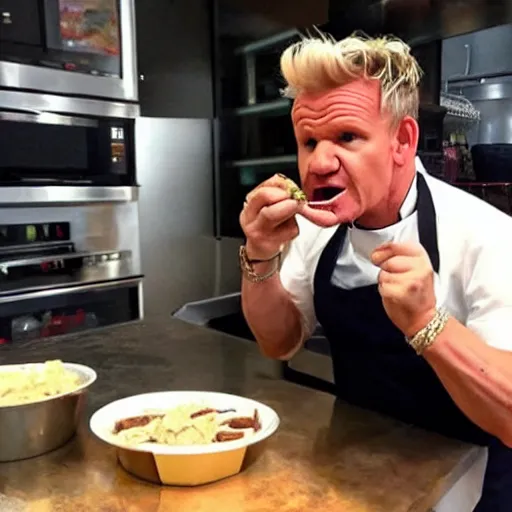 Image similar to Gordon Ramsay eating an absurd amount of Taco Bell