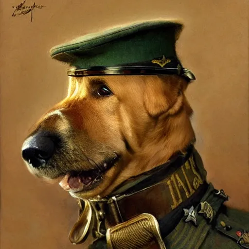 Prompt: old dog with big mustache dressed as a antropormophhic dog veteran colonel of the first world war german army, a dog as a human, highly detailed painting by gaston bussiere, craig mullins, j. c. leyendecker
