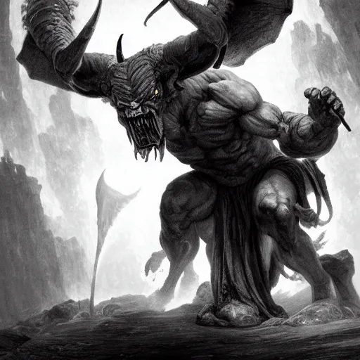 Prompt: full body, grayscale, muscled humanoid balrog demon, horns, claws, large horned tail, heroic pose, flames, fire, tarot, Gustave Dore, Greg Rutkowski,
