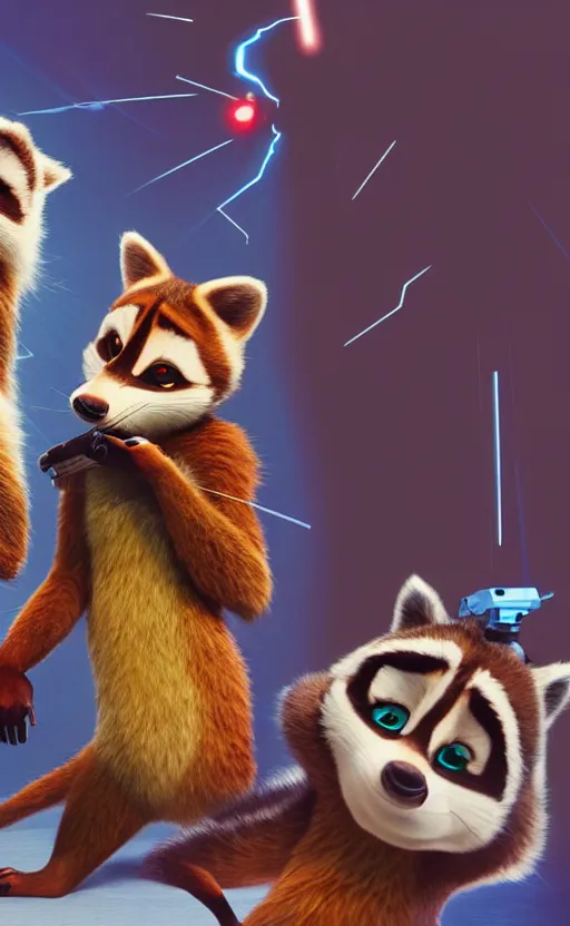 Image similar to “red racoon holding laser gun standing face to face off with blue racoon holding laser gun, cinematic, dramatic in the style of zootopia”