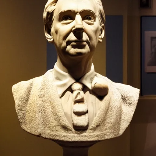 Prompt: photograph of an ancient Roman bust of Mr. Rogers in a museum, moody lighting, professional