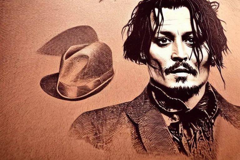 Prompt: An engraved portrait of Johnny Depp , detailed!!! copper-plate engraving, fine!!! lines, Bureau of Engraving and Printing