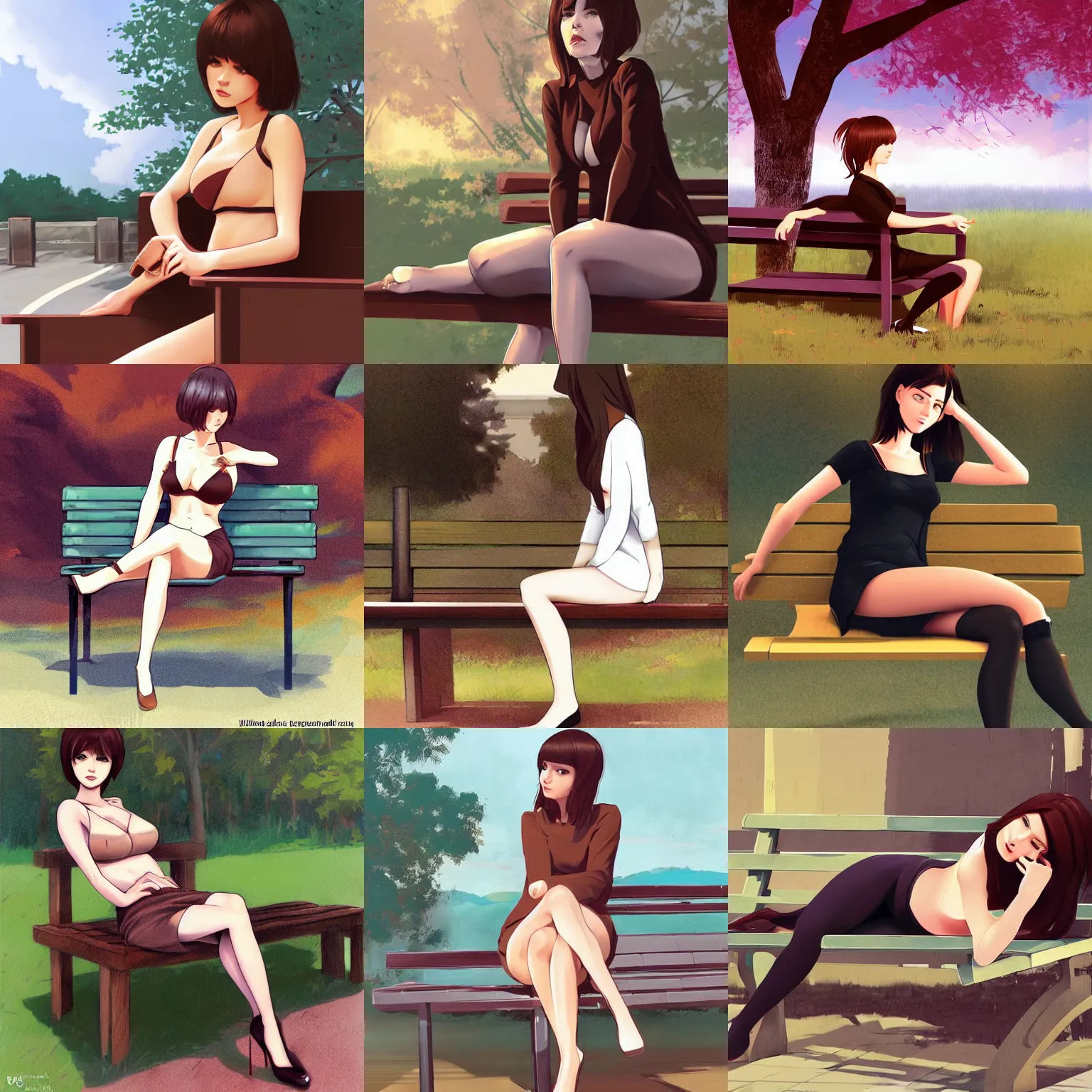 Prompt: sexy woman with brown hair sitting on a bench, in the style of ilya kuvshinov