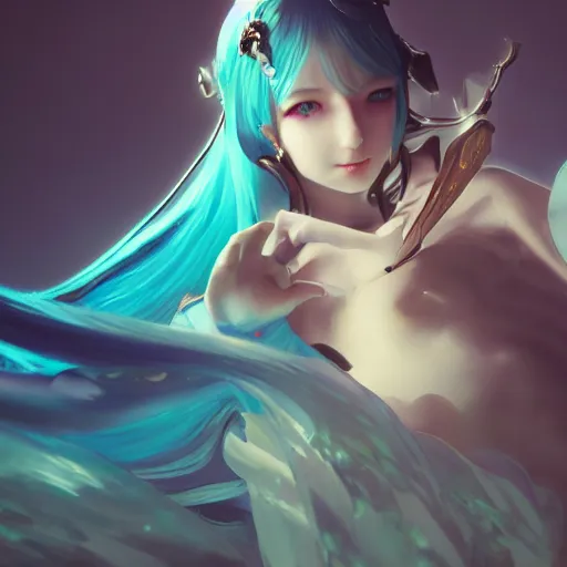 Image similar to a photorealistic dramatic fantasy render of hatsune miku by wlop, artgerm, greg rutkowski, alphonse mucha, beautiful dynamic dramatic dark moody lighting, shadows, cinematic atmosphere, artstation, concept design art, octane render, 8 k