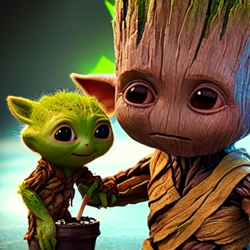 Image similar to artstation baby Groot and baby Yoda eating an ice cream together. The ice cream looks like Pikachu, very detailed, portrait, ultra realistic