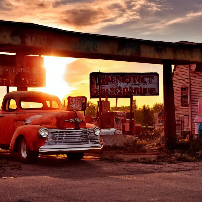 Image similar to a sunset light landscape with historical route 6 6, lots of sparkling details and sun ray ’ s, blinding backlight, smoke, volumetric lighting, colorful, octane, 3 5 mm, abandoned gas station, old rusty pickup - truck, beautiful epic colored reflections, very colorful heavenly, softlight