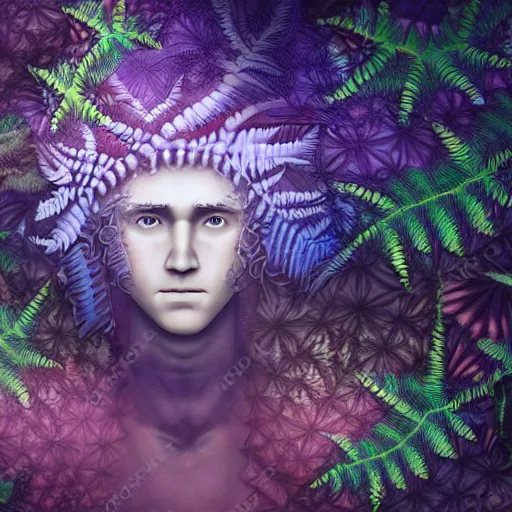 Prompt: an idealistic man, stern face, clear eyes, with shining armour and fractal flowery hair in a fractal garden, glowing delicate flower and ferns that grow in a dark fatansy forest on the planet pandora,