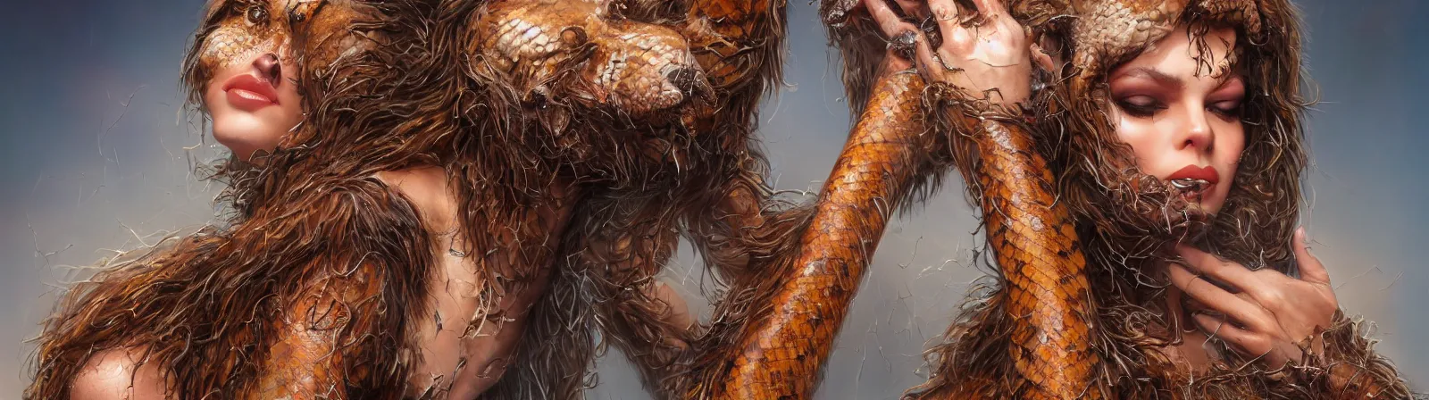 Image similar to beauty woman wrapped in bear fur, snakes for hair, detailed face, surrounded by spiders, very detailed, dramatic lighting, detailed mechanical hands, electrical details, high details, 4k, 8k, trending on artstation, by Hajime Sorayama and Boris Vallejo