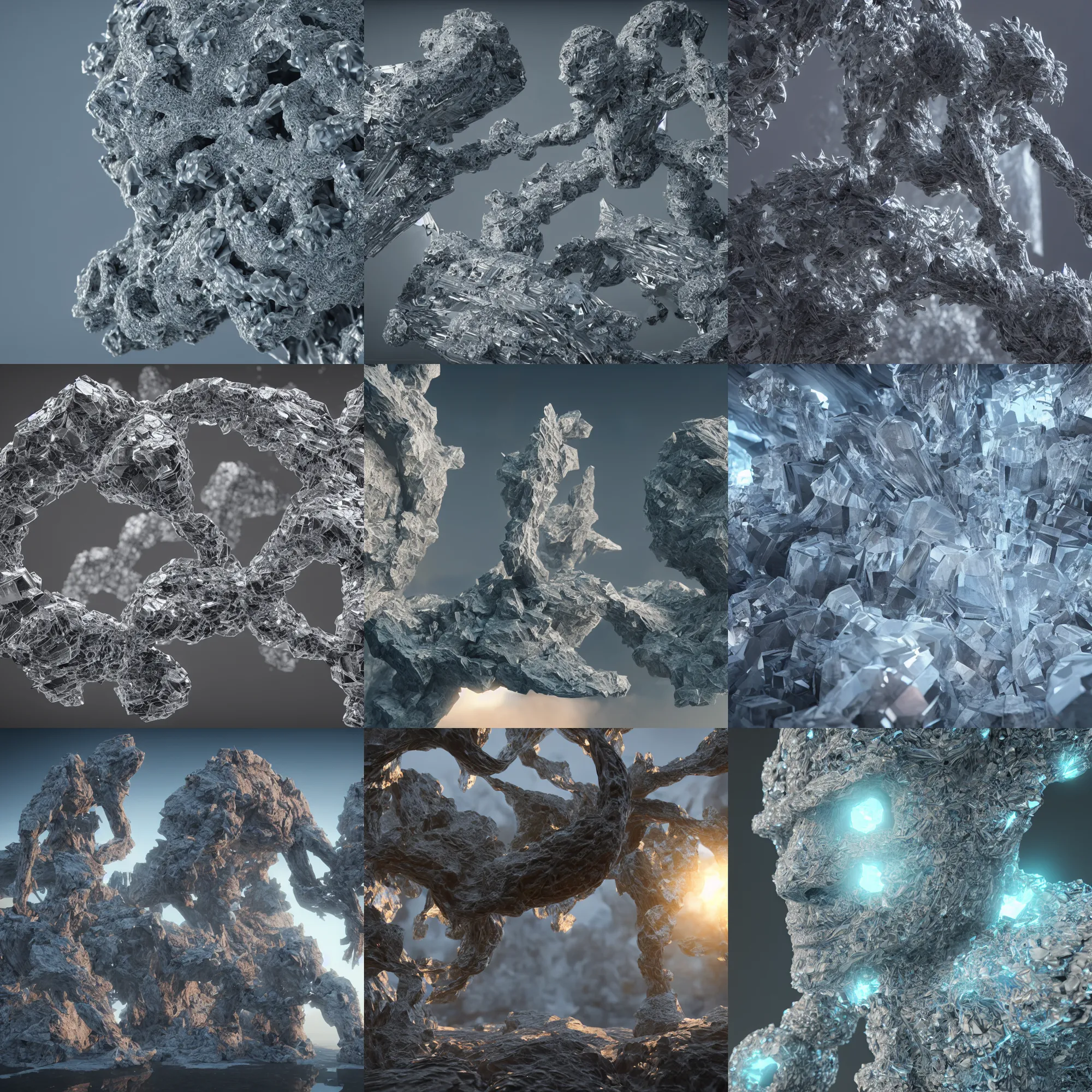 Prompt: crystal structures, octane render, unreal engine, Intricate, highly detailed, wide angle, sharp focus, volumetric lighting, scattering, rendered in octane 8k