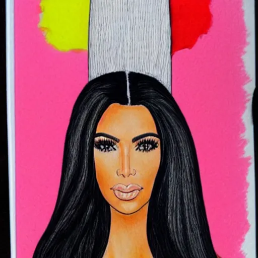 Image similar to Kim Kardashian coloring book picture, half-colored with wax crayon