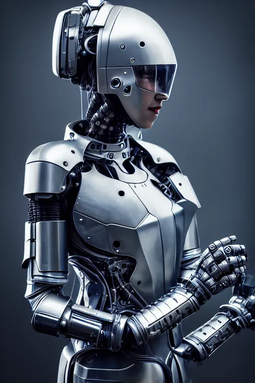 Image similar to cybernetic ultra high tech female knight, sci - fi, cyberpunk, barocco, high tech, futurism, exoskeleton, symmetry, cinematic, elegant, luxury, perfect light, perfect composition, dlsr photography, sharp focus, 8 k, ultra hd, sense of awe, highly detailed, realistic, intricate, science journal cover