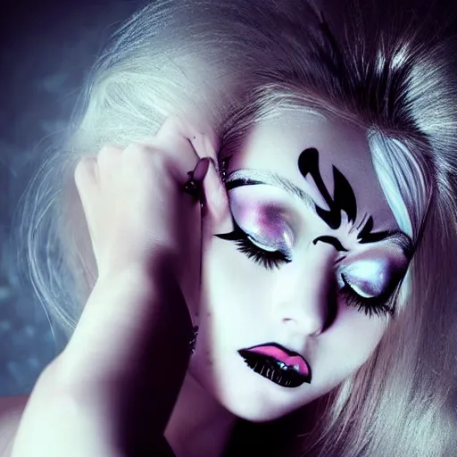 Prompt: modeling photograph kerli koiv, blonde, beautiful, dark, mysterious, bubble goth makeup, detailed flawless face, dramatic darkroom lighting high exposure