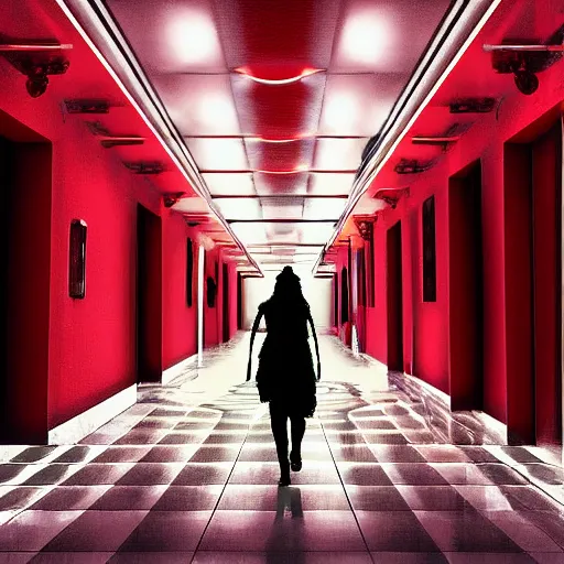 Prompt: a cinematic dramatic digital art of a woman walking through corridor. red