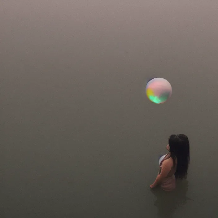 Prompt: a closeup portrait of a woman wrapped in plastic, standing next to a levitating iridescent vinyl orb, in a foggy lake, color photograph, by vincent desiderio, canon eos c 3 0 0, ƒ 1. 8, 3 5 mm, 8 k, medium - format print