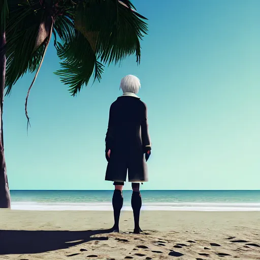 Prompt: kodak portra 8 0 0, an invisible man standing looking into the distance on a dreamy beach from nier automata