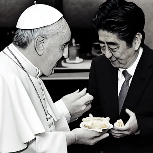 Prompt: the pope eating mc donalds with prime minister shinzo abe, photo by slim aarons, award winning