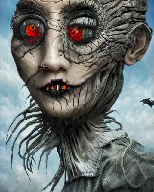 Image similar to halloween witch theme surrealist art in the styles of igor morski, jim warren, and a tim burton film, intricate, hyperrealistic, accurate facial details, profile picture with chromakey background, volumetric lighting