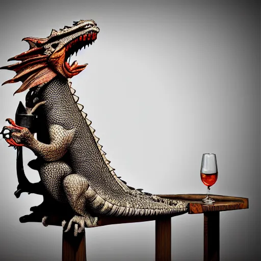 Prompt: dragon sitting on a high top stool waiting patiently for a drink, digital art