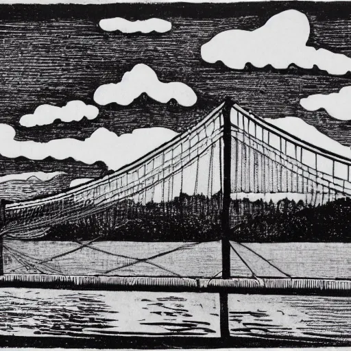 Prompt: small steel suspension bridge built in 1 9 2 8, side view, puffy clouds in background, woodcut style, 8 k