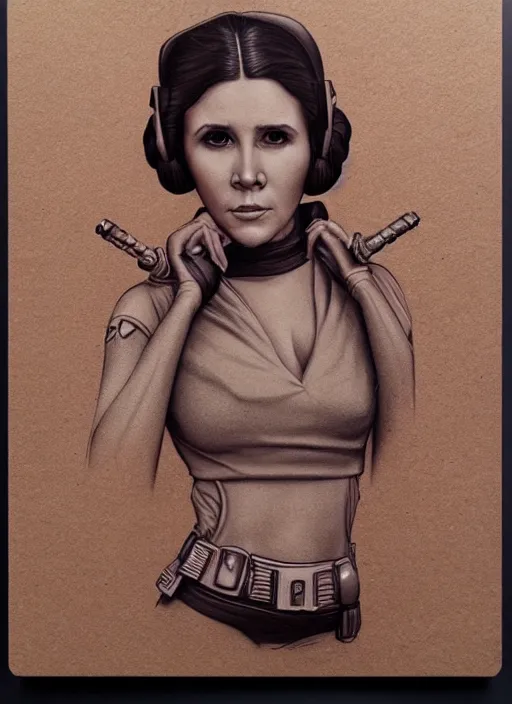 Prompt: Princess Leia, by artgerm, beautiful, mixed media on toned paper, 2021, very detailed, coffee art