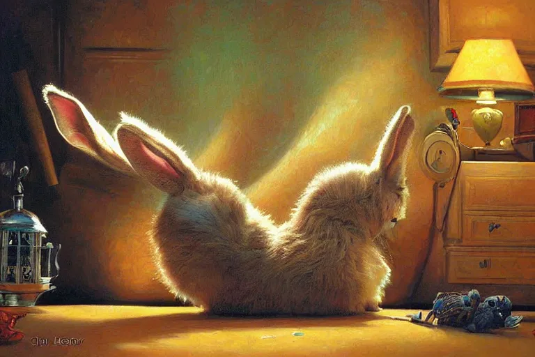 Prompt: A fuzzy rabbit chilling in her mansion, Greg Hildebrandt, Mark Keathley