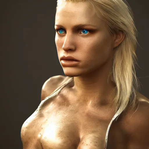 Image similar to legendary pretty blond female warrior, shallow depth of field, moody lighting, 8 k, concept art,