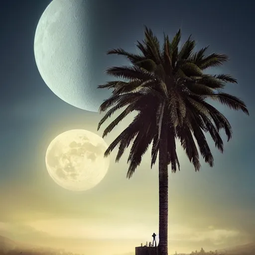 Prompt: a castle in the sky on a magical hill surrounded by giant palm trees, giant moon in the sky, cinematic, digital art by erik johansson, 8 k resolution, hyper detailed, sharp focus