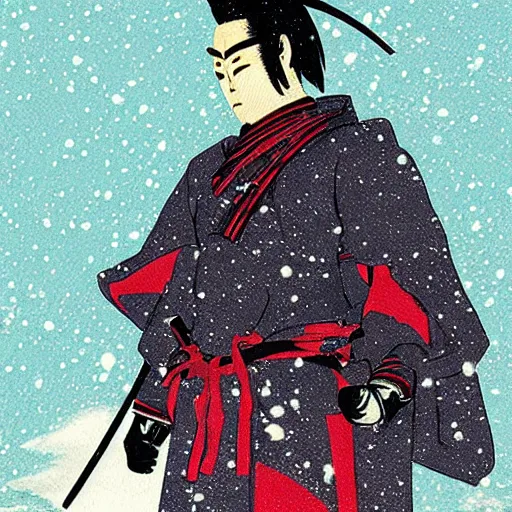 Image similar to a painting of a samurai silhouette in the snow, poster art by otomo katsuhiro, cgsociety, nuclear art, reimagined by industrial light and magic, official art, poster art