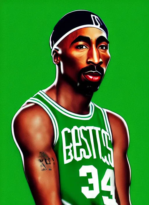 Image similar to portrait of tupac shakur, boston celtics jersey number 3 4, green, white, cartoon digital art, oil on canvas, trending on artstation, octane render