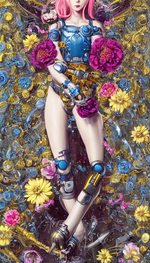 Image similar to full body head to toe portrait of a flowerpunk sci-fi cyborg ninja, third person, D&D, sci-fi fantasy, intricate, blue and gold, daisy and rose and miniature peony, highly detailed, art by Range Murata, highly detailed, 3d, octane render, bright colors, digital painting, trending on artstation, sharp focus, illustration style of Stanley Artgerm, dramatic background