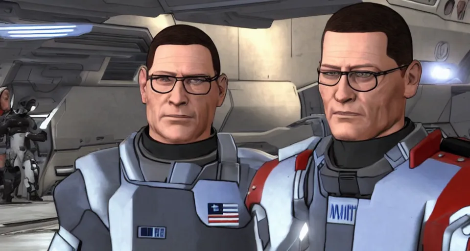 Prompt: hank hill as commander shepard within the ssv normandy in the videogame mass effect 2. mid - conversation portrait. dim spaceship interior bg behind him. cutscene. hd.