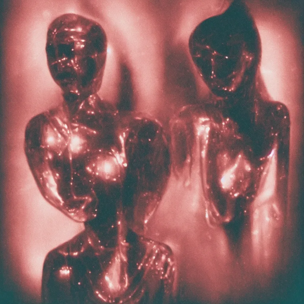 Prompt: analog vintage photography shoulder level front portrait, digital art polaroid of a beautiful futuristic chrome female soul faceless humanoid seraphim, red color bleed, heavy film grain, bloom, glow