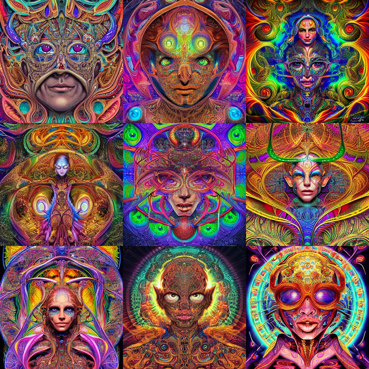 Prompt: a intricate ornate psychedelic image of a dmt machine elf, digital art by felix kelly, alex grey, dan mumford, artgerm, psychedelic art, psychedelic, fractalism, fractals, artstation, detailed, art, hyper realism, hyper detailed, cgsociety, ue 5, hd, 3 d