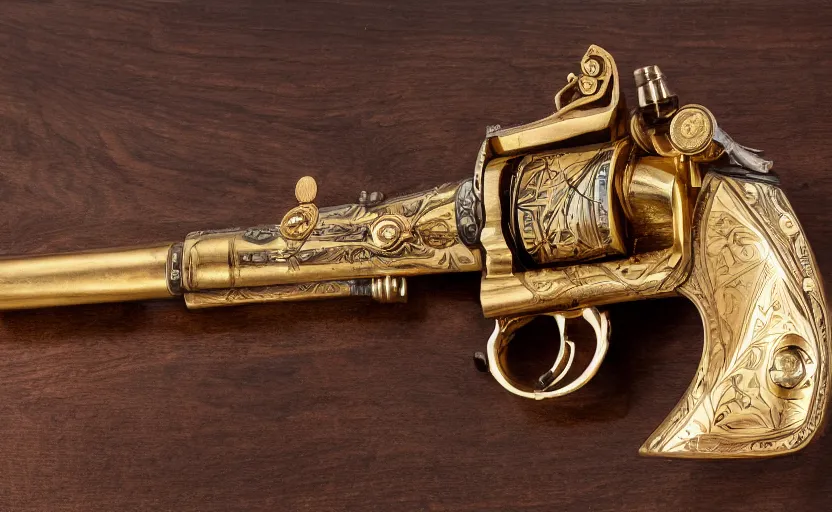 Image similar to golden revolver with engravings laying on a wooden table, complex, high detail