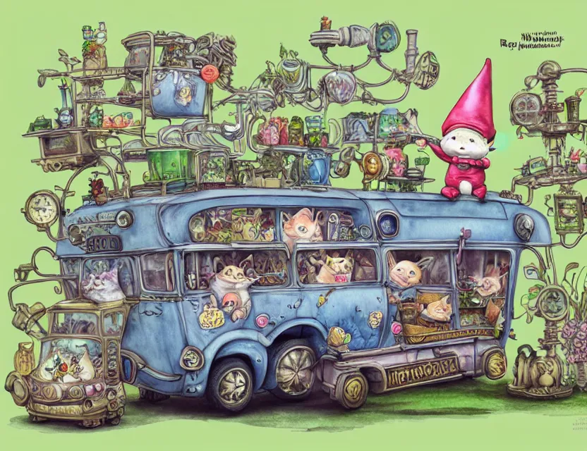 Image similar to cute and funny, a garden gnome driving a steampunk bus, a cat on the roof holding on, ratfink style by ed roth, centered award winning watercolor pen illustration, isometric illustration by chihiro iwasaki, edited by range murata, tiny details by artgerm and watercolor girl, sharply focused